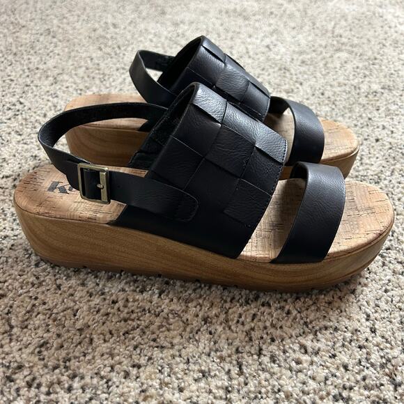 Kork-Ease Black Leather Platform Sandals - Picture 1 of 8